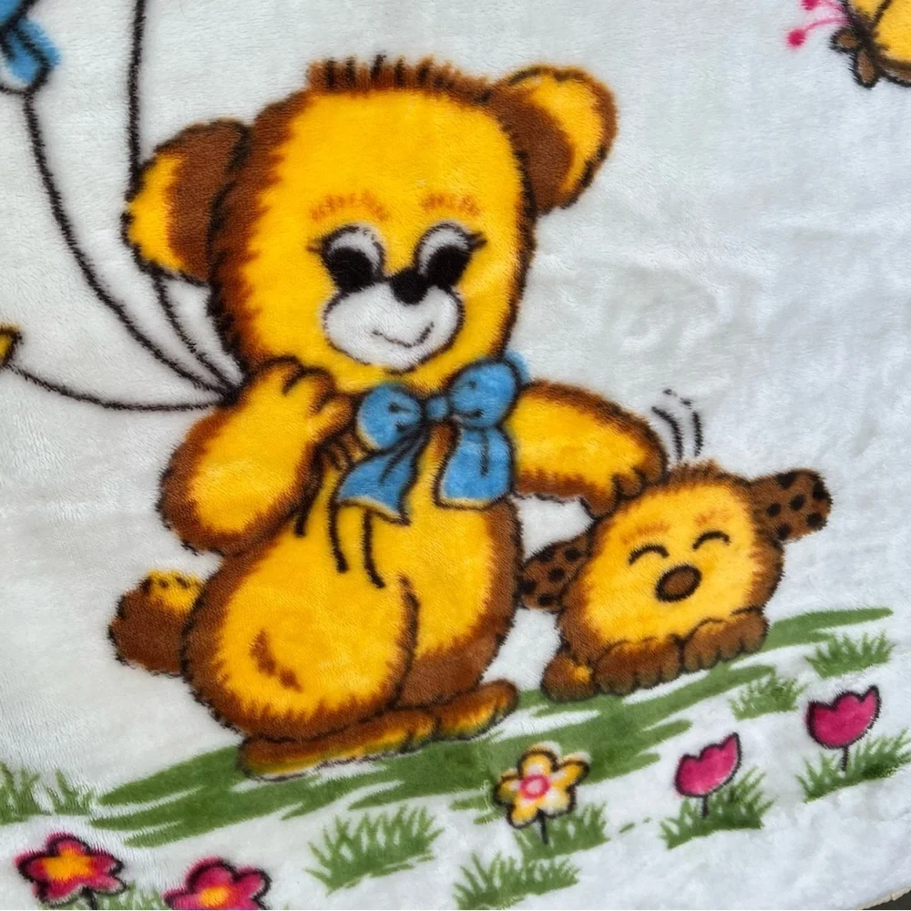 VTG Minky Baby Blanket Bear Puppy Balloons Butterflies Plush Kawaii Style 39x44